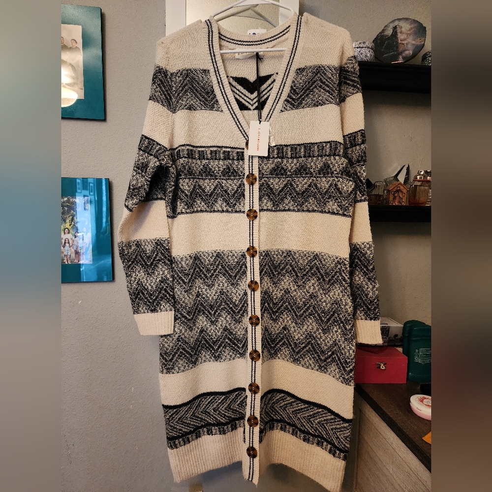 Lucky Brand Cardigan Dress in Black and Cream with Geometric Patterns
